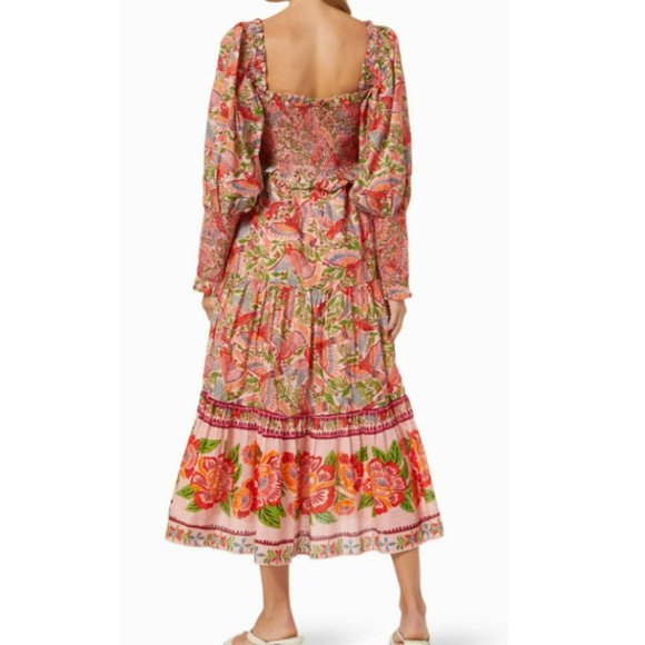 FARM Rio Smocked Top Midi Dress in Pink Macaw Flight - Picture 2 of 16